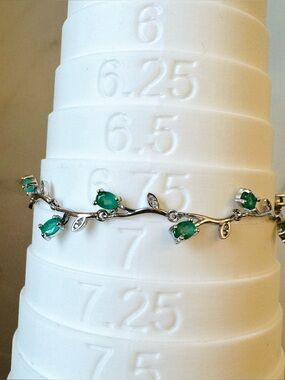 S925 Emerald green sterling silver bracelet floral branches natural gemstone